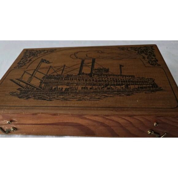 Vintage Wooden Latch Box with Steamship Scene Tow Boat Stationary - Picture 4 of 13